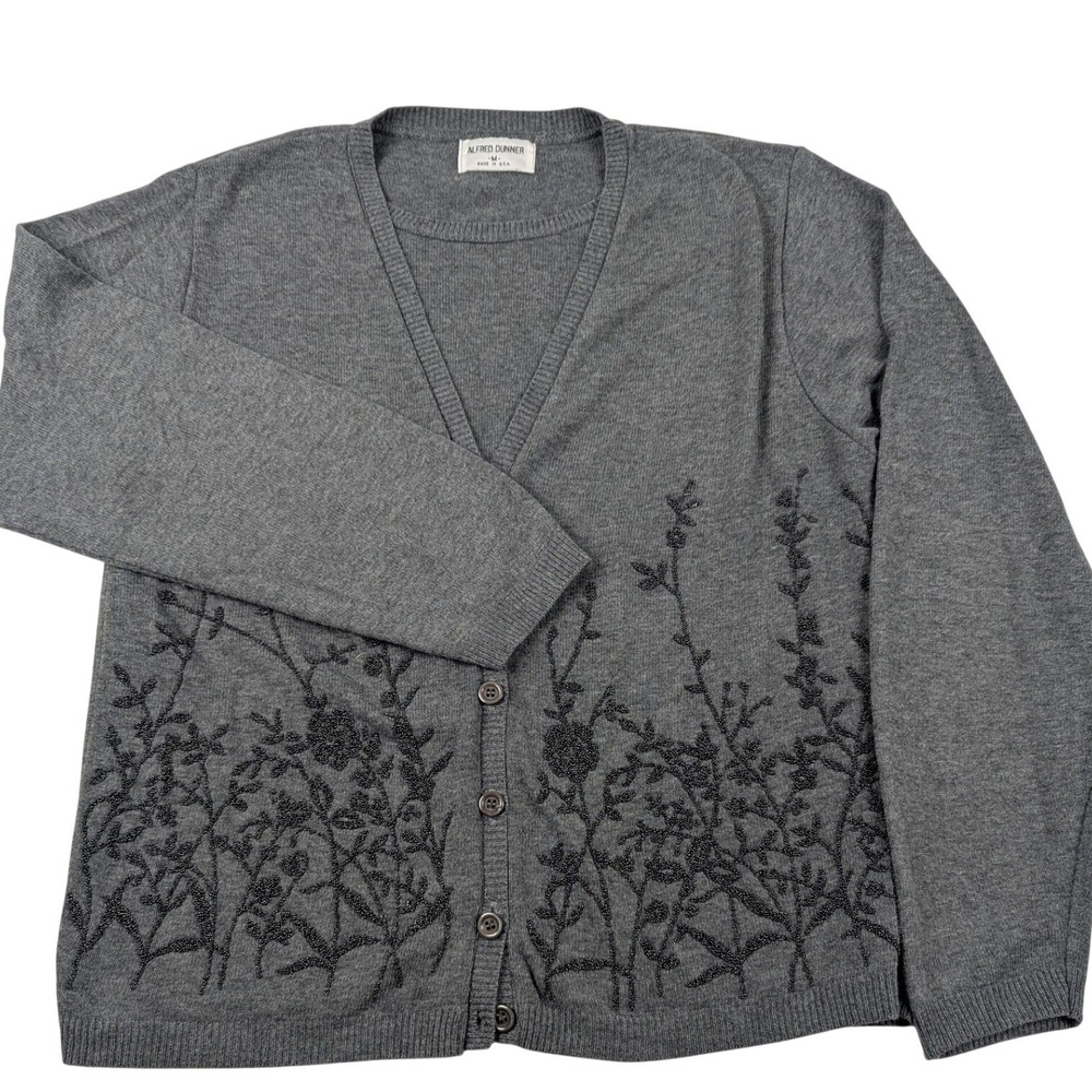 Alfred Dunner Womens Gray Beaded Floral Mock Layered Cardigan Sweater M USA VTG